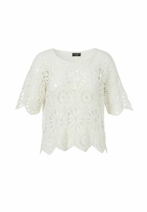 Weiße gehäkelte kurzärmelige Bluse mit Blumenmustern, geschwungenem Saum und rundem Ausschnitt.