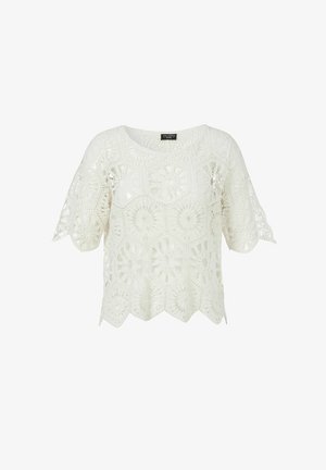 Witte gehaakte blouse met korte mouwen, bloemenpatronen, geschulpte zoom en ronde halslijn.
