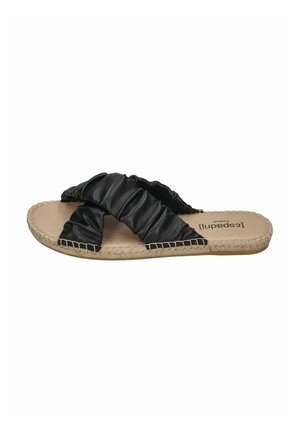 Black slide sandals with a textured, ruffled strap design, jute-like sole, and smooth inner footbed.