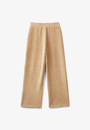 Beige weite Cordhosen mit einer weichen Textur, einem elastischen Bund und dezenten Nähten. Keine sichtbaren Beschläge oder Muster.