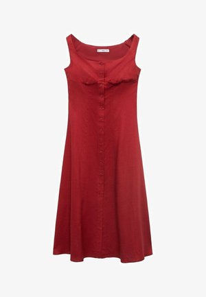 Rdeča obleka brez rokavov z oprijetim korzetom, okroglim izrezom in gumbnim zapiranjem spredaj. Narejena iz gladkega materiala, ima razširjen krilo.