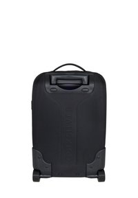 Black hard-shell suitcase with a smooth textured finish, featuring a sturdy handle, reinforced corners, and double wheels for stability.