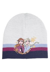 Knit beanie featuring a white top, blue and purple stripe pattern, and a graphic of two characters with "Anna & Elsa" text at the bottom.