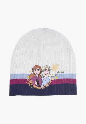 Knit beanie featuring a white top, blue and purple stripe pattern, and a graphic of two characters with "Anna & Elsa" text at the bottom.