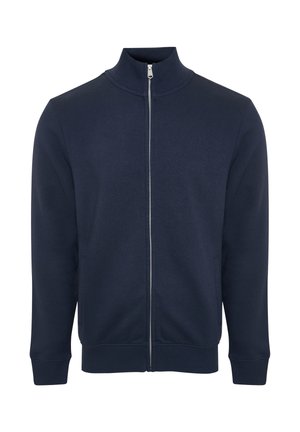 Felpa blu navy con zip e colletto alto, realizzata in un tessuto morbido. Presenta tasche laterali e polsini e orlo a coste per una vestibilità aderente.