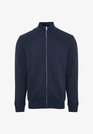 Sudadera con cremallera en color navy y cuello alto, hecha de una tela suave. Cuenta con bolsillos laterales y puños y dobladillo acanalados para un ajuste ajustado.