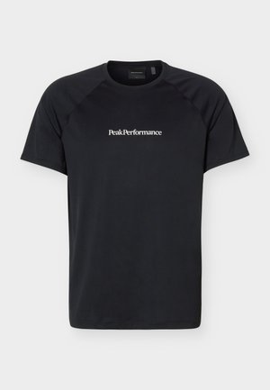 Black short-sleeve crewneck t-shirt with white "Peak Performance" text centered on the chest against a plain background.