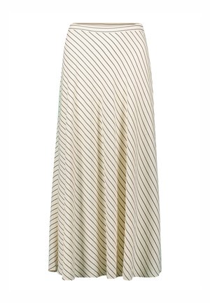 A long, cream-colored skirt with diagonal navy stripes. Made from soft fabric, it features a fitted waistband and a flared shape.