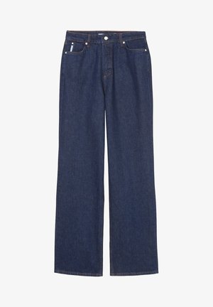 Jeans larghi di colore blu scuro in denim, dotati di chiusura a bottone, tasche anteriori e cuciture visibili lungo le cuciture.
