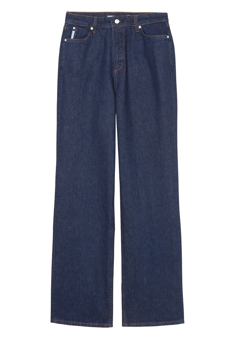 Tummansiniset löysät farkut, jotka on valmistettu denimistä. Niissä on nappikiinnitys, etutaskut ja näkyvät saumat.