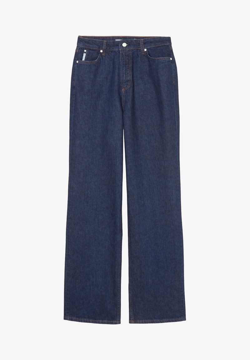 Tummansiniset löysät farkut, jotka on valmistettu denimistä. Niissä on nappikiinnitys, etutaskut ja näkyvät saumat.