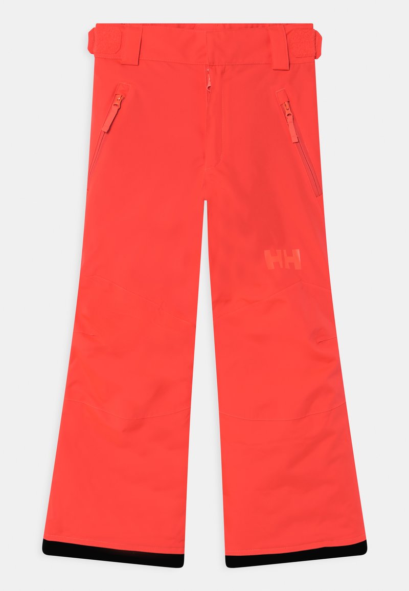Ljusa orange skidor med bred ben-design, tillverkade av slitstarkt material. Har dragkedjefickor och en svart kant vid fållen.