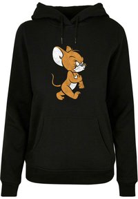 Sudadera negra con capucha que presenta un personaje de dibujos animados con pelaje marrón-naranja, grandes orejas blancas y una expresión traviesa, centrado en la parte frontal.