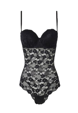 Sort blonde bodystocking med polstrede kopper, justerbare stropper og blomstermønster. Gennemsigtige blonder på siderne og en glat tekstur med en tætsiddende design.