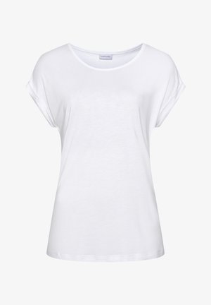 Valkoinen lyhythihainen T-paita, joka on valmistettu puuvillasta. Paita on pyöreäkauluksinen, rento malli ja käärityt hihat. Tyköistuva pinta ja yksinkertainen muotoilu.