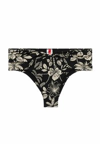 Pantalon scurt de baie negru, cu un model floral în nuanțe de bej, având un talie plisată și un mic etichetă în față.
