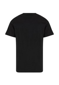 Svart bomulls T-skjorte, kortermet, rund hals, ensfarget, glatt tekstur, standard passform, ingen synlige mønstre eller dekorasjoner.