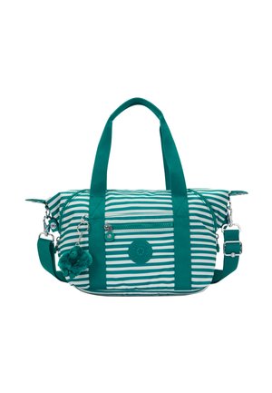 Pasyczna torba w kolorze niebiesko-zielonym z podwójnymi uchwytami do noszenia, regulowanym paskiem na ramię, zamkiem błyskawicznym, przednią kieszenią oraz puszystym brelokiem do kluczy.