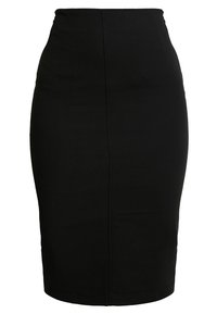 Jupe crayon noire en tissu extensible. Design taille haute avec une texture lisse, silhouette ajustée et ourlet à hauteur du genou. Détails de coutures subtils.