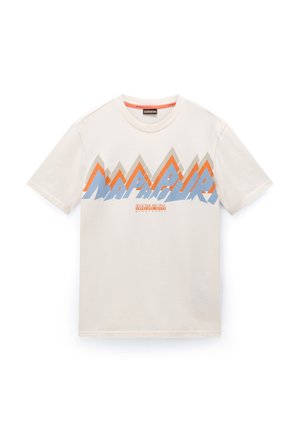 Cream cotton t-shirt featuring a large mountain graphic in orange, light blue, and grey, with the brand name "Napapijri" prominently displayed.