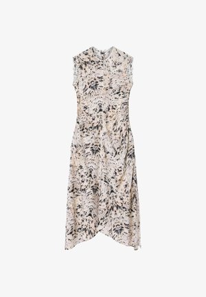 Sukienka midi bez rękawów z okrągłym dekoltem, w jasnobeżowym kolorze z abstrakcyjnym, czarno-brązowym wzorem w cętki, dopasowana w talii.
