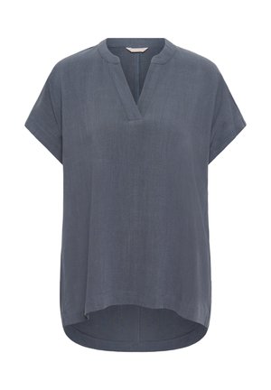 Short-sleeve loose blue-gray blouse with V-neck and rounded hem, slightly longer at the back.