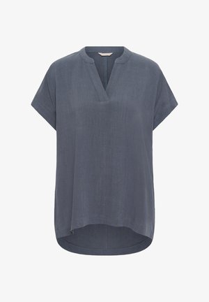 Short-sleeve loose blue-gray blouse with V-neck and rounded hem, slightly longer at the back.
