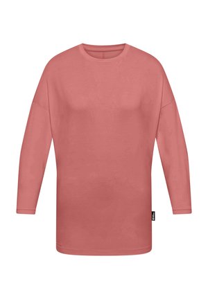 Lange mouwen, koraalkleurig T-shirt gemaakt van zachte katoen met een relaxte pasvorm, ronde halslijn en een label aan de linkerkant. Eenvoudig ontwerp, geen patronen.