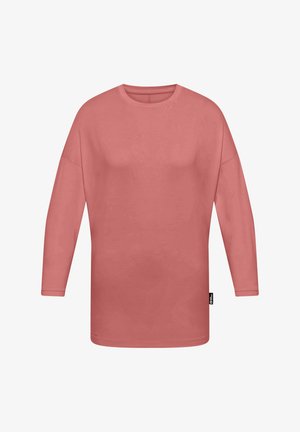 Lange mouwen, koraalkleurig T-shirt gemaakt van zachte katoen met een relaxte pasvorm, ronde halslijn en een label aan de linkerkant. Eenvoudig ontwerp, geen patronen.