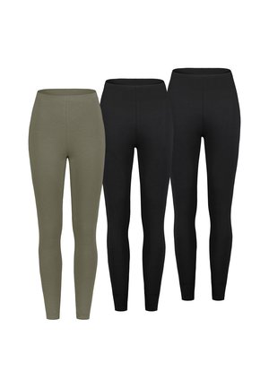 Drei Paare Leggings mit hohem Bund, zwei schwarze und ein olivgrünes, nebeneinander auf weißem Hintergrund dargestellt.