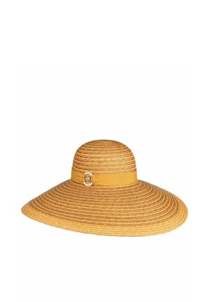 Wide-brimmed woven straw hat with a yellow band and decorative circular buckle, shown on a plain white background.