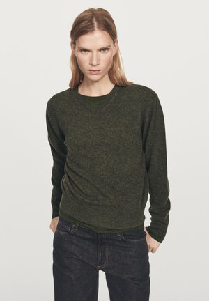 Personne avec des cheveux blonds raides portant un pull vert foncé sur une chemise verte et un jean sombre, debout devant un fond clair uni.