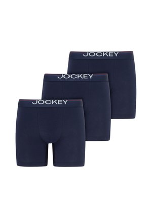 Drei marineblaue Jockey Boxershorts mit markierten Bündchen, in versetzter Überlappung auf weißem Hintergrund angeordnet.