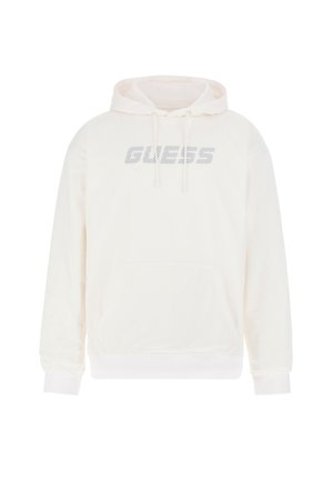 Sudadera de malla blanca con capucha ajustable, que presenta un bolsillo frontal y el logo "GUESS" en gris a lo largo del pecho. Puños y bajo acanalados.