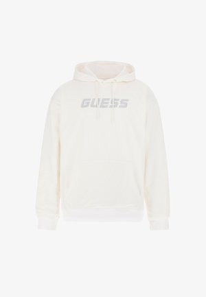 White mesh hoodie with a drawstring hood, featuring a front pocket and "GUESS" logo in gray across the chest. Ribbed cuffs and hem.