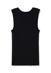 Top a maniche corte nero in maglia a coste. Presenta un collo alto e armholes aperti. Finitura liscia con sottili accenti scintillanti.