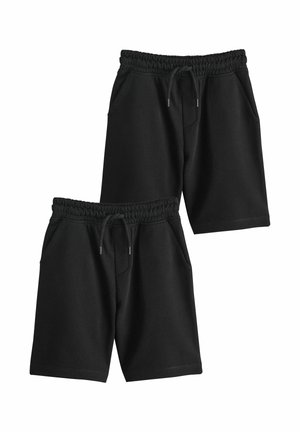 Zwei Paar schlichte schwarze Shorts mit elastischem Bund, Kordelzügen und seitlichen Taschen, dargestellt vor weißem Hintergrund.