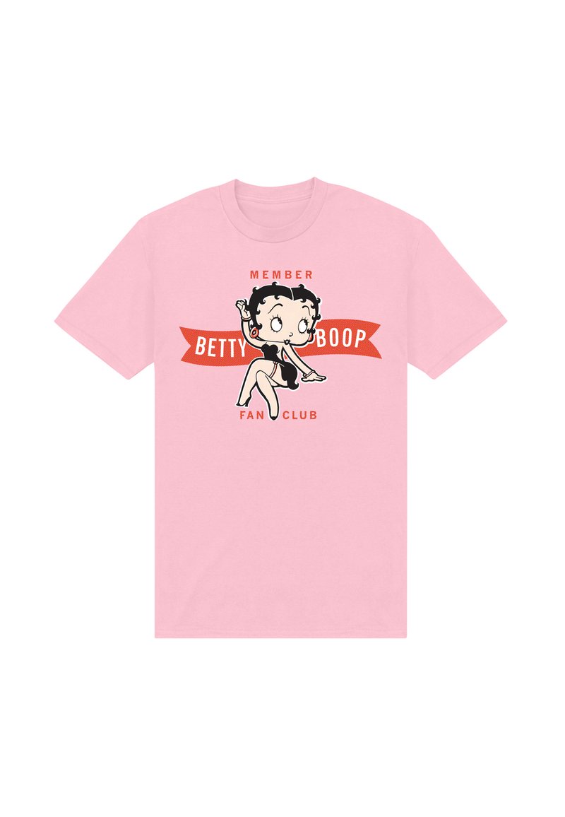 Rosa bomullströja med en tecknad karaktär med svart hår, röda detaljer och grafik som säger "MEDLEM I BETTY BOOP FAN KLUBB."