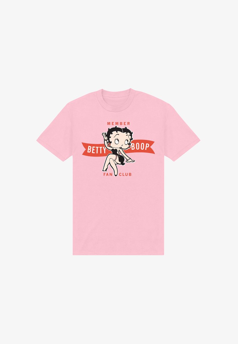 Lyserød bomulds T-shirt med en tegneseriefigur med sort hår, røde detaljer og grafik, der siger "MEDLEM AF BETTY BOOP FAN-CLUB."
