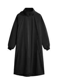 Zwarte lange jas met ritssluiting aan de voorkant en een capuchon, gemaakt van een gladde stof. Voorzien van elastische manchetten en zijzakken, met een relaxte pasvorm en een minimalistisch ontwerp.