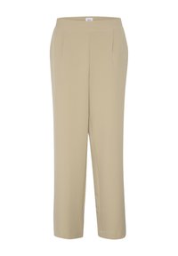 Pantalons beiges avec une texture lisse, design à jambes droites et poches avant. Ceinture simple, sans fermetures visibles ni détails supplémentaires.