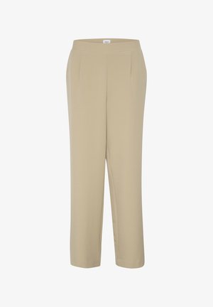 Pantalones beiges con una textura suave, diseño de pierna recta y bolsillos frontales. Cintura sencilla, sin cierres visibles ni detalles adicionales.