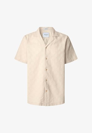 Kurzärmliges Hemd mit Knopfleiste aus leicht beigem, strukturiertem Stoff mit einem dezenten hexagonalen Muster und braunen Knöpfen auf der Vorderseite.