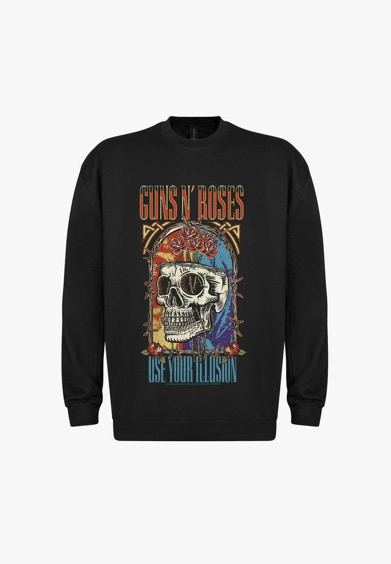 Schwarzer Pullover mit einem Grafikdesign eines Schädels, umgeben von Rosen und bunten Hintergrundelementen. Der Text enthält "GUNS N' ROSES" und "USE YOUR ILLUSION."