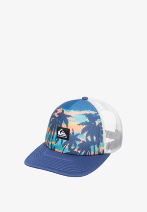 Czapka snapback z niebieskim daszkiem, siateczkowym tyłem i żywym wzorem palm w odcieniach tealu, różu i pomarańczy. Posiada naszywkę z logo z przodu.