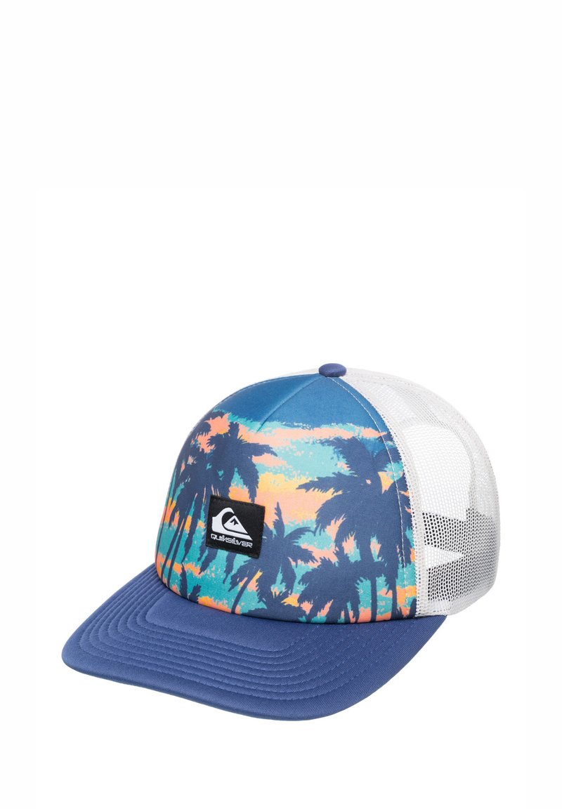 Kšiltovka typu snapback s modrým předním částí, síťovanou zadní částí a živým vzorem palmových stromů ve odstínech tyrkysové, růžové a oranžové. Na přední straně má logo nášivku.