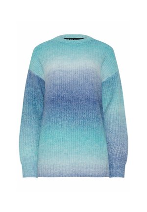 Strickpullover mit einem Ombre-Gradienten in Tönen von Türkis und Blau, Rundhalsausschnitt, langen Ärmeln und strukturiertem Stoff.