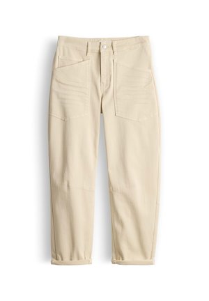 Pantaloni beige a vita alta con chiusura a bottone e zip, due grandi tasche frontali, passanti per cintura e risvolti arrotolati.