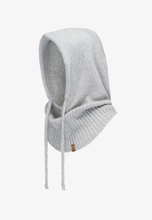 Capucha gris claro de punto con cordones y puño acanalado, con una pequeña etiqueta marrón en el lateral.