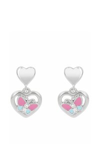 Orecchini a forma di farfalla in argento presentano accenti rosa e blu all'interno di cornici a forma di cuore, adornati con piccole gemme trasparenti, creando un design a strati.